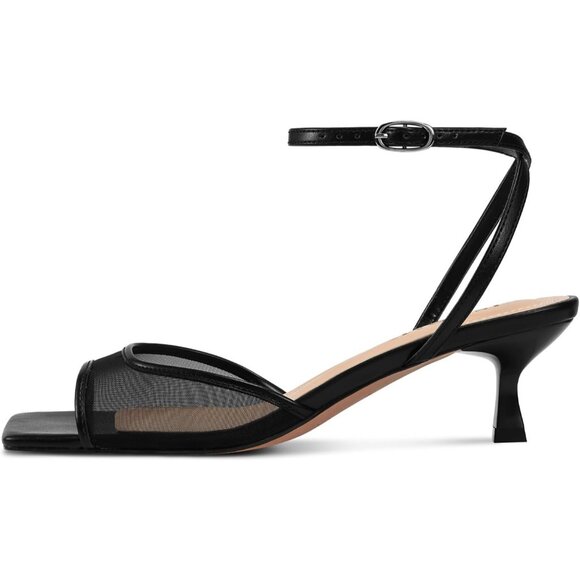 Women's Strappy Black Mesh Kitten Heels Sandals Square Toe Buckle Strap Low Heel - Picture 4 of 6